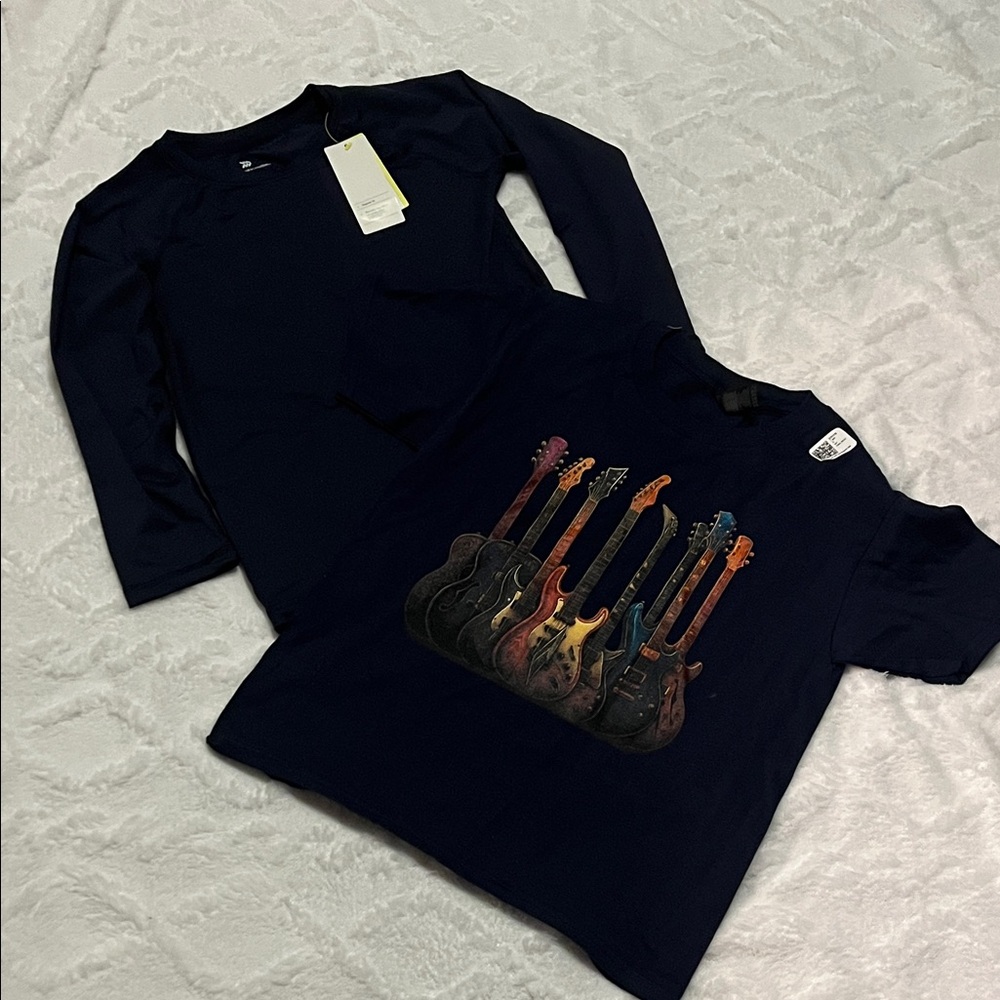 KIDS 🧒 Gildan Long Sleeve Tee with Guitar Design - Dark Blue